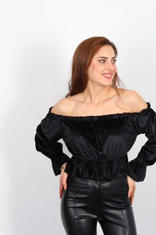 Berox - Madonna Yaka Beli Lastikli Büzgülü Kadın Siyah Kadife Bluz (1)