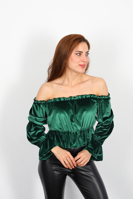 Berox - Madonna Yaka Beli Lastikli Büzgülü Kadın Zümrüt Yeşili Kadife Bluz (1)