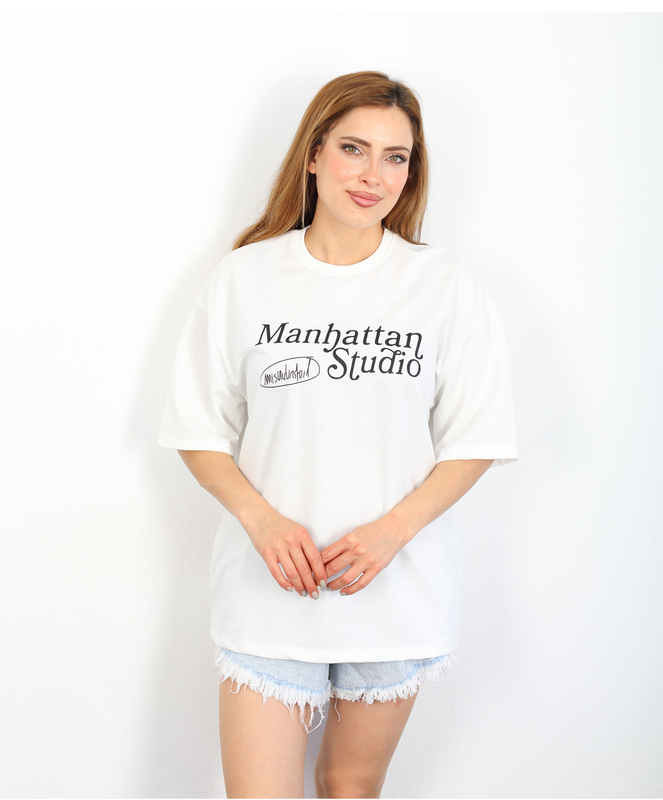 Berox - Manhattan Baskılı Oversize Beyaz Kadın T-shirt
