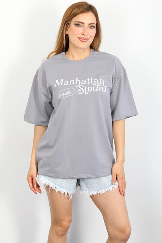Berox - Manhattan Baskılı Oversize Gri Kadın T-shirt