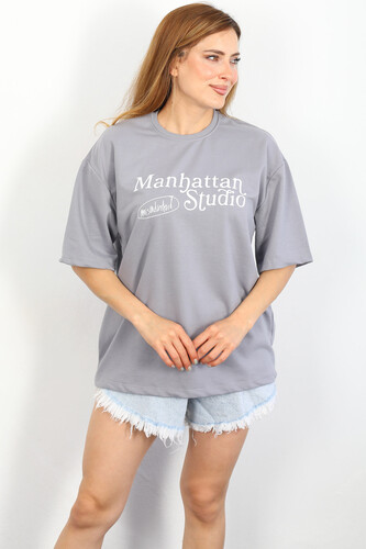 Berox - Manhattan Baskılı Oversize Gri Kadın T-shirt (1)