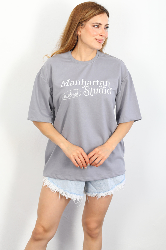 Berox - Manhattan Baskılı Oversize Gri Kadın T-shirt (1)