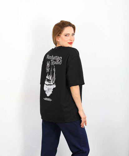 Manhattan Baskılı Oversize Siyah Kadın T-shirt - Thumbnail