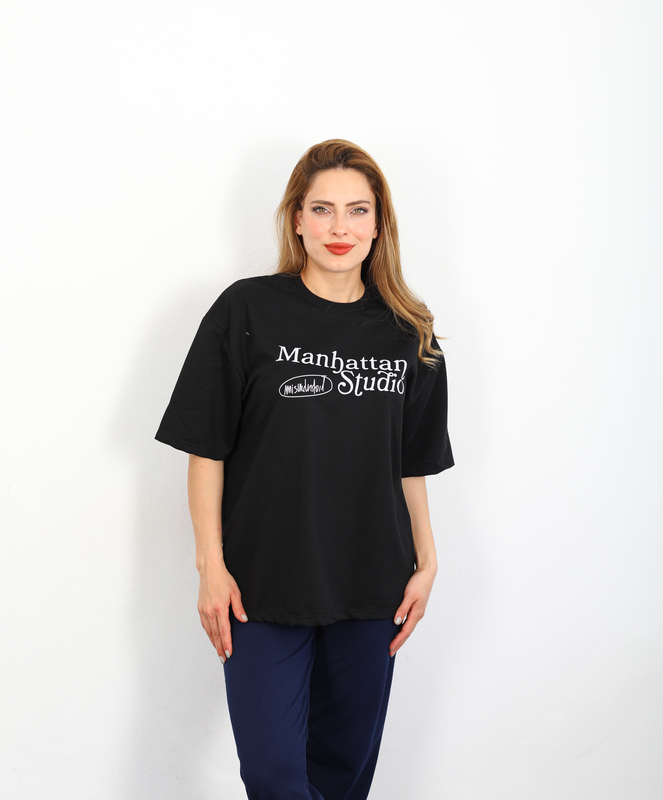 Berox - Manhattan Baskılı Oversize Siyah Kadın T-shirt (1)