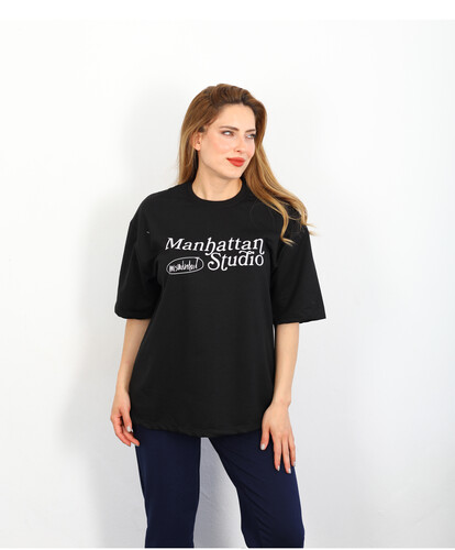 Manhattan Baskılı Oversize Siyah Kadın T-shirt - Thumbnail