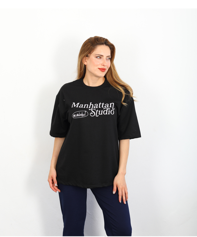Berox - Manhattan Baskılı Oversize Siyah Kadın T-shirt
