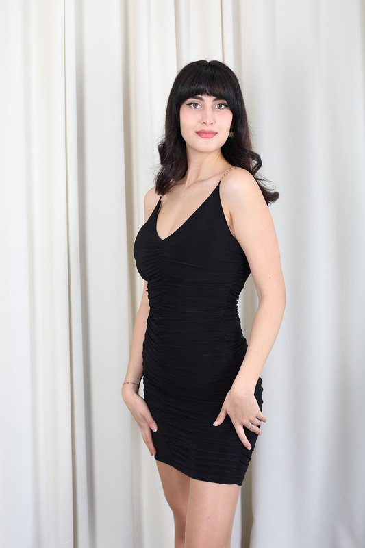 Berox - Mia Zincir Askılı Drape Kadın Siyah Elbise