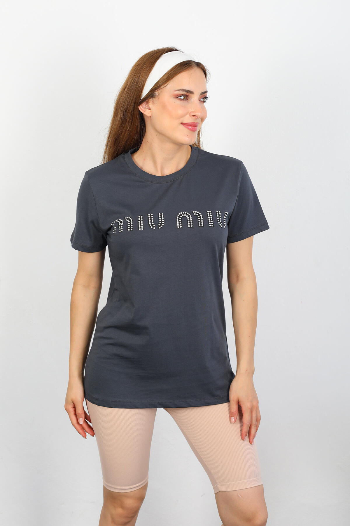 Berox - MIU MIU Taş Baskılı Antrasit Kadın T-shirt