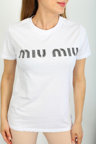 Berox - MIU MIU Taş Baskılı Beyaz Kadın T-shirt (1)