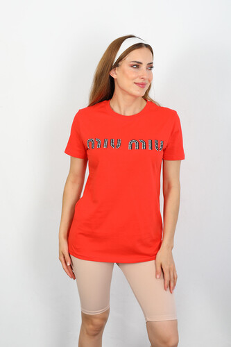 Berox - MIU MIU Taş Baskılı Nar Çiçeği Kadın T-shirt (1)