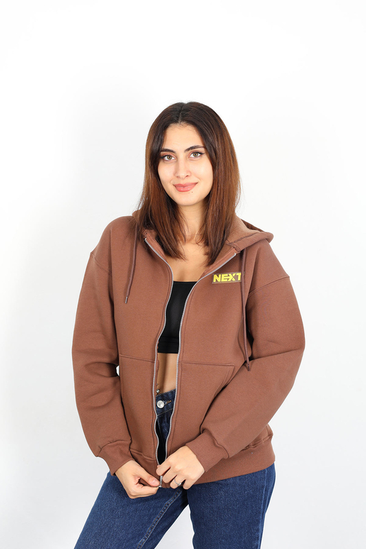 Berox - Next Baskılı Üç İplik Kapüşonlu Kadın Kahverengi Sweat Ceket