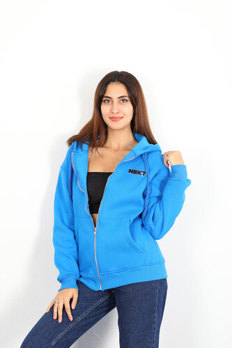 Berox - Next Baskılı Üç İplik Kapüşonlu Kadın Mavi Sweat Ceket (1)