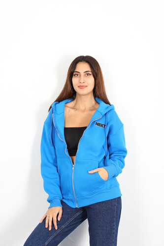 Berox - Next Baskılı Üç İplik Kapüşonlu Kadın Mavi Sweat Ceket
