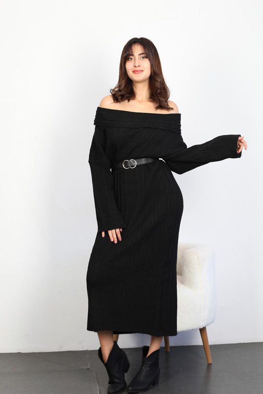 Berox - Omuz Açık Uzun Kadın Siyah Triko Elbise