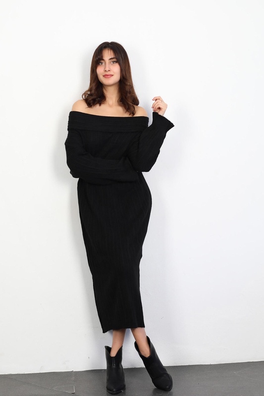 Berox - Omuz Açık Uzun Kadın Siyah Triko Elbise (1)