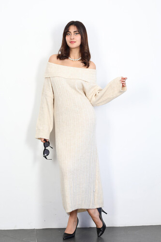 Berox - Omuz Açık Uzun Kadın Taş Rengi Triko Elbise (1)