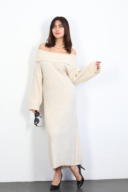 Berox - Omuz Açık Uzun Kadın Taş Rengi Triko Elbise (1)