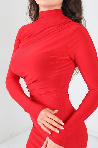 Berox - Omuz Büzgülü Dik Yaka Kırmızı Kadın Drape Elbise (1)