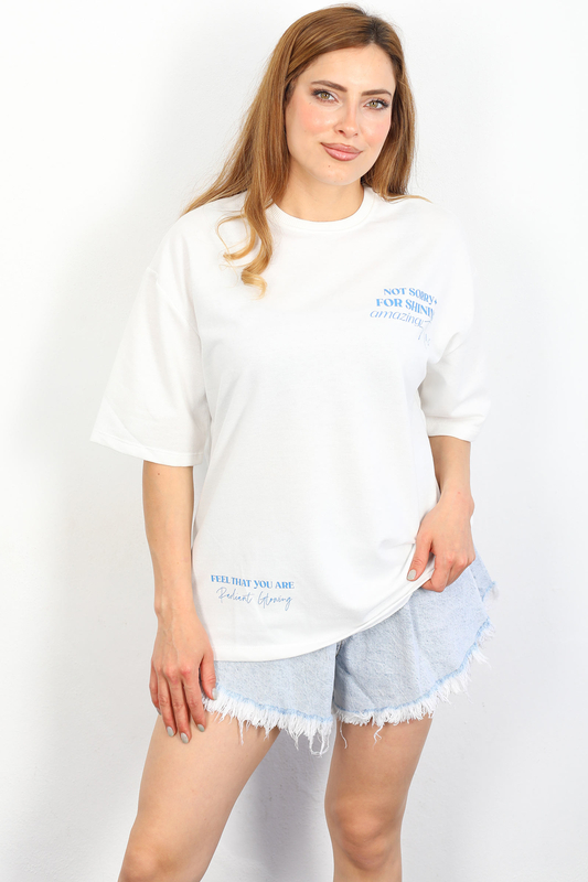 Berox - Ön Arka Baskılı Oversize Beyaz Kadın T-shirt