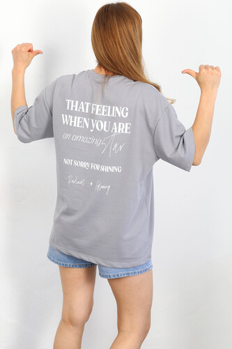 Ön Arka Baskılı Oversize Gri Kadın T-shirt - Thumbnail