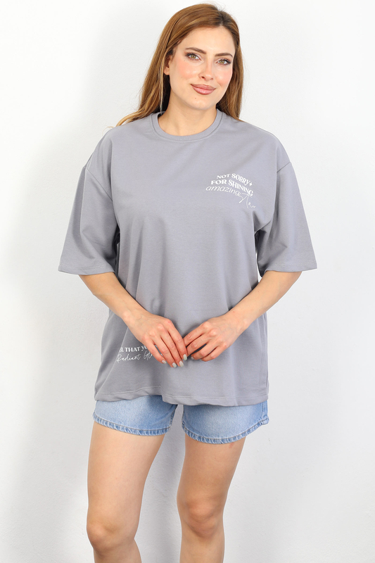 Berox - Ön Arka Baskılı Oversize Gri Kadın T-shirt (1)