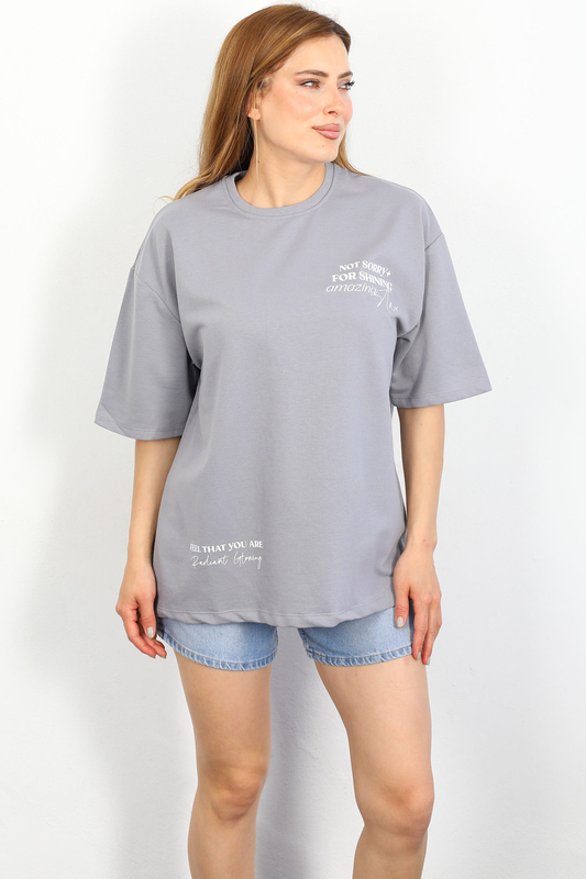 Berox - Ön Arka Baskılı Oversize Gri Kadın T-shirt