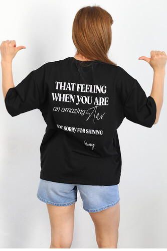 Ön Arka Baskılı Oversize Siyah Kadın T-shirt - Thumbnail