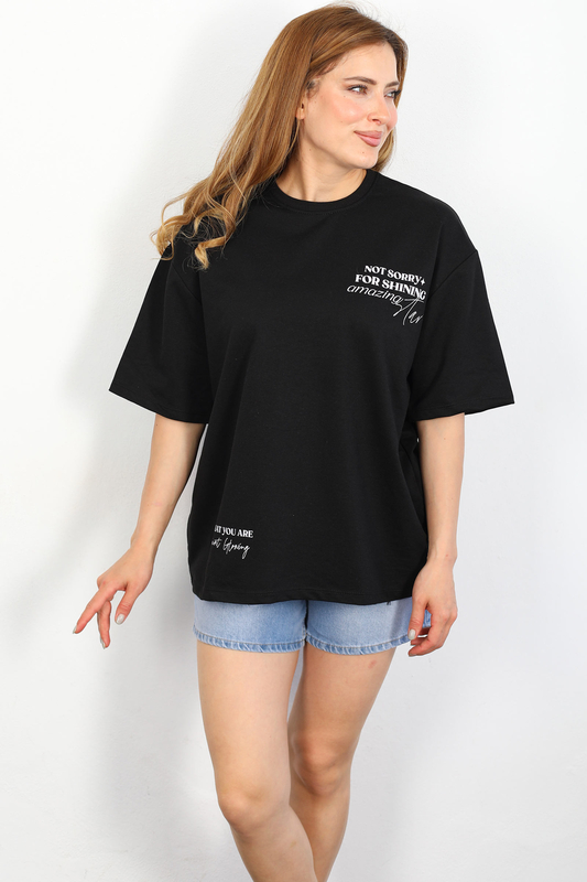 Berox - Ön Arka Baskılı Oversize Siyah Kadın T-shirt (1)