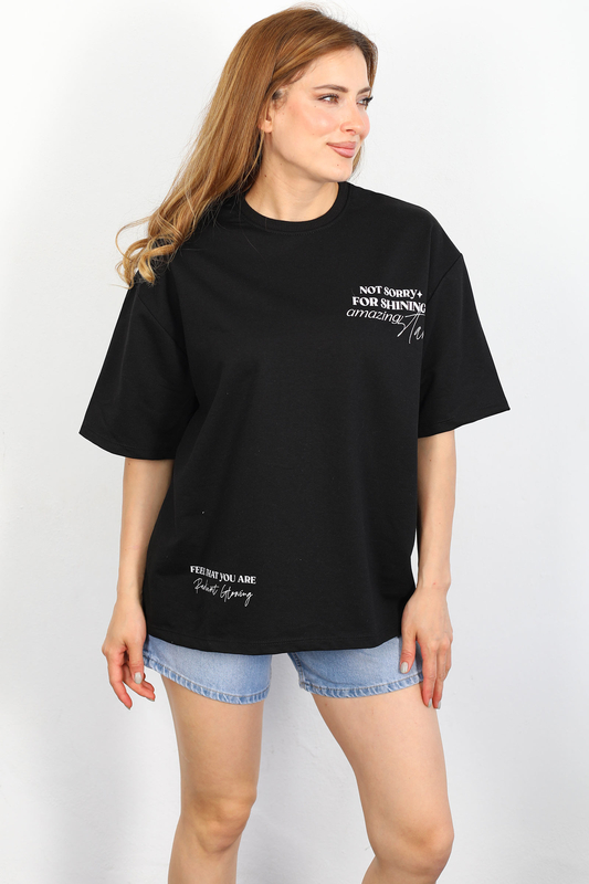 Berox - Ön Arka Baskılı Oversize Siyah Kadın T-shirt