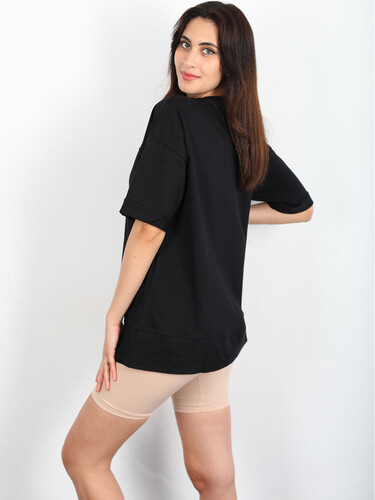 Önden Yırtmaçlı Oversize Siyah Kadın T-shirt - Thumbnail
