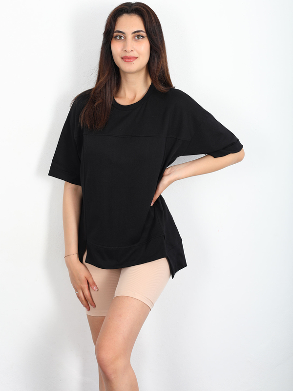 Berox - Önden Yırtmaçlı Oversize Siyah Kadın T-shirt