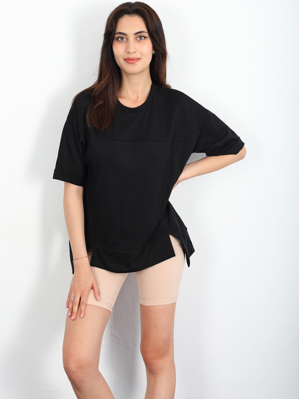 Berox - Önden Yırtmaçlı Oversize Siyah Kadın T-shirt (1)