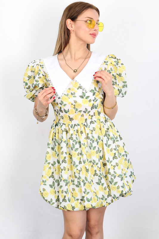 Berox - Önlük Yaka Karpuz Kol Kadın Sarı Flowers Elbise