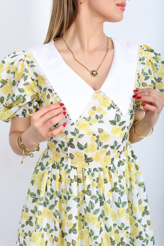 Önlük Yaka Karpuz Kol Kadın Sarı Flowers Elbise - Thumbnail