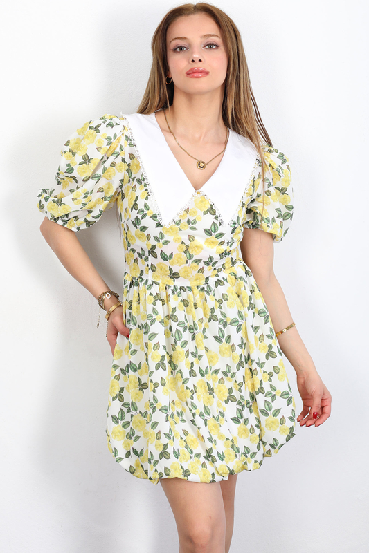 Berox - Önlük Yaka Karpuz Kol Kadın Sarı Flowers Elbise (1)