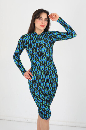 Berox - Önü Büzgülü Desenli Saks Mavisi Kadın Elbise (1)