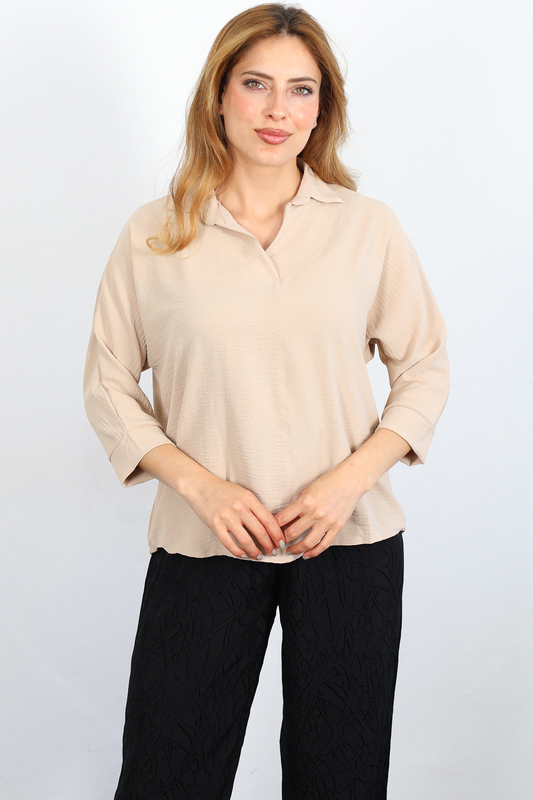 Berox - Önü Çimalı Ayrobin Bej Kadın Gömlek Bluz (1)