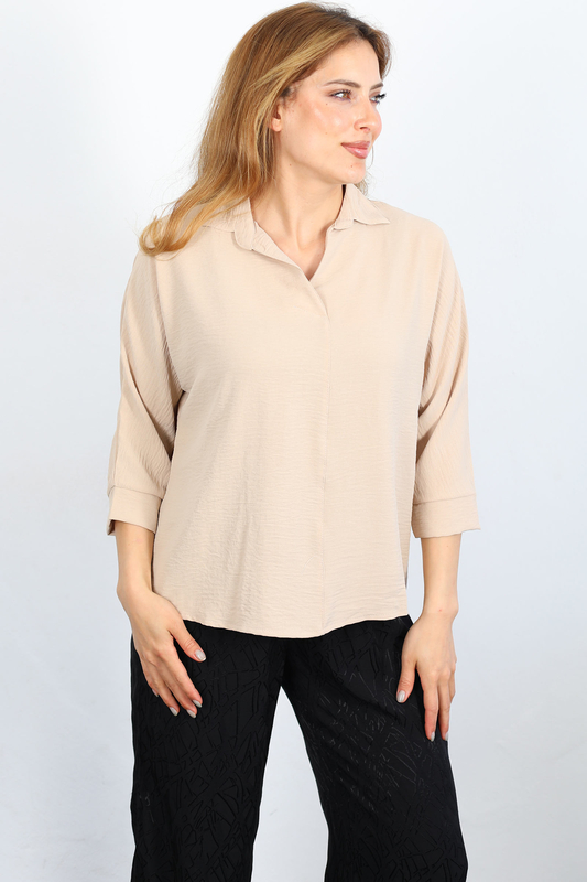 Berox - Önü Çimalı Ayrobin Bej Kadın Gömlek Bluz