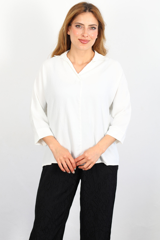 Berox - Önü Çimalı Ayrobin Beyaz Kadın Gömlek Bluz (1)
