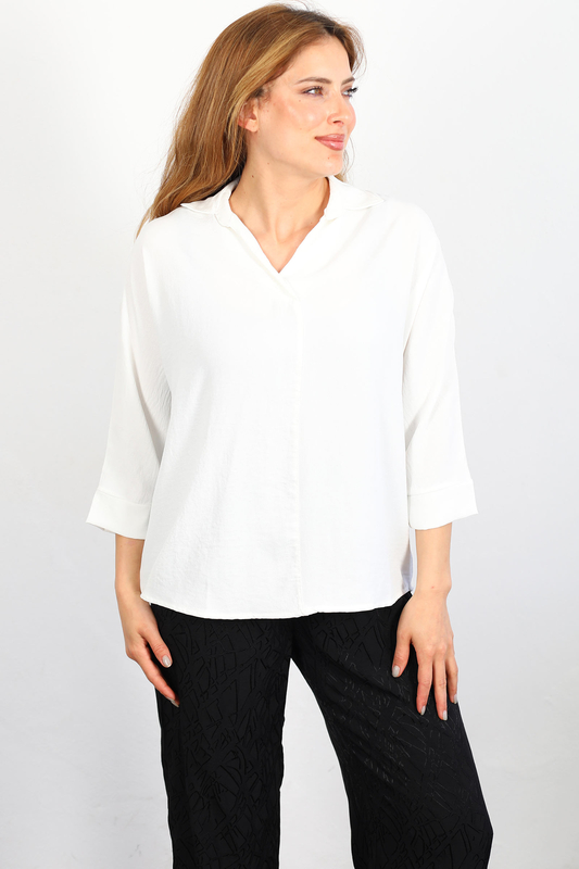 Berox - Önü Çimalı Ayrobin Beyaz Kadın Gömlek Bluz