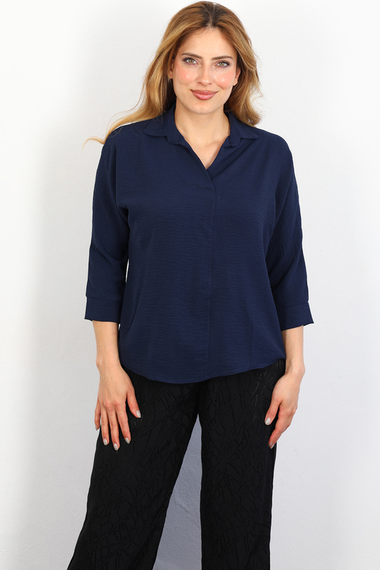 Berox - Önü Çimalı Ayrobin Lacivert Kadın Gömlek Bluz