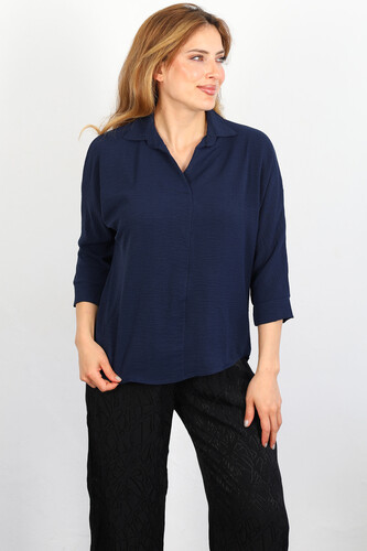 Önü Çimalı Ayrobin Lacivert Kadın Gömlek Bluz - Thumbnail
