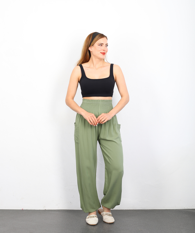 Berox - Paça Lastikli Mint Yeşili Kadın Şalvar Pantolon