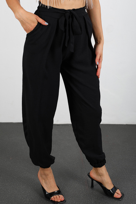 Berox - Paça Lastilki Kuşaklı Ayrobin Siyah Kadın Pantolon (1)