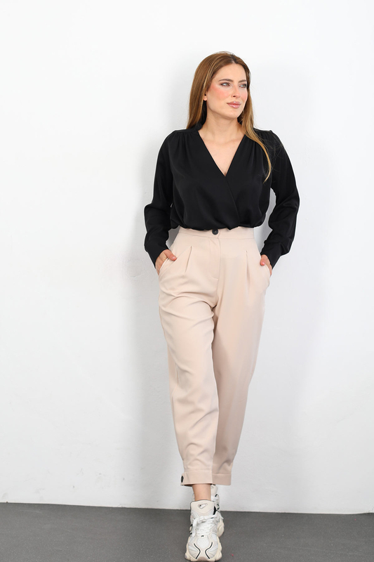 Berox - Paça Manşetli Taş Rengi Kadın Kumaş Pantolon (1)