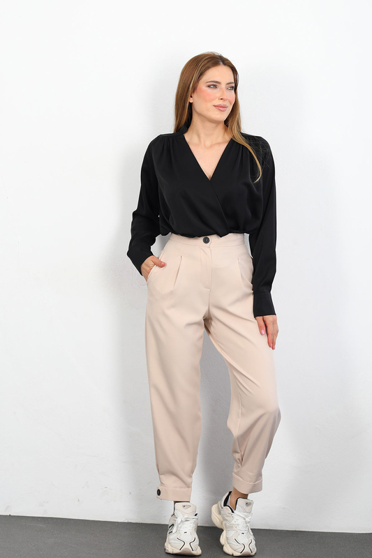 Berox - Paça Manşetli Taş Rengi Kadın Kumaş Pantolon