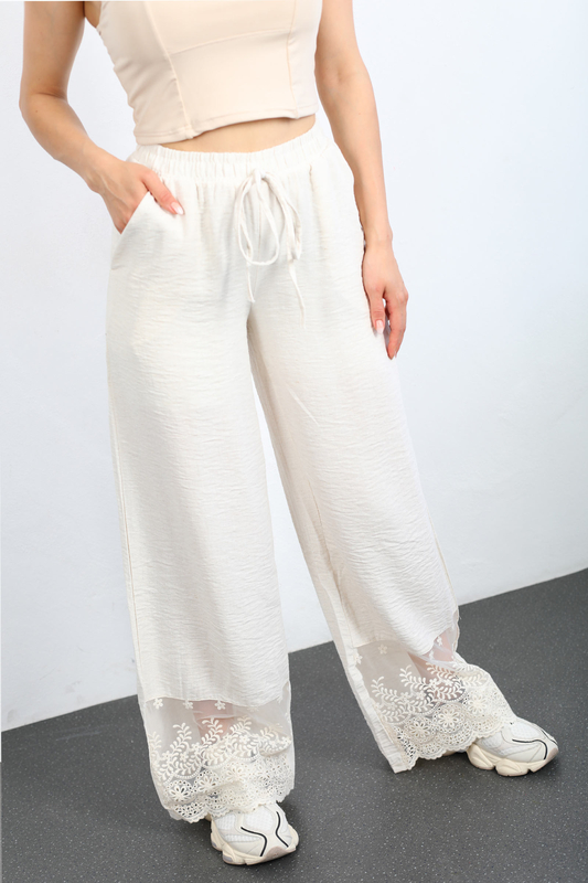 Berox - Paçası Tül İşlemeli Taş Rengi Kadın Keten Pantolon (1)