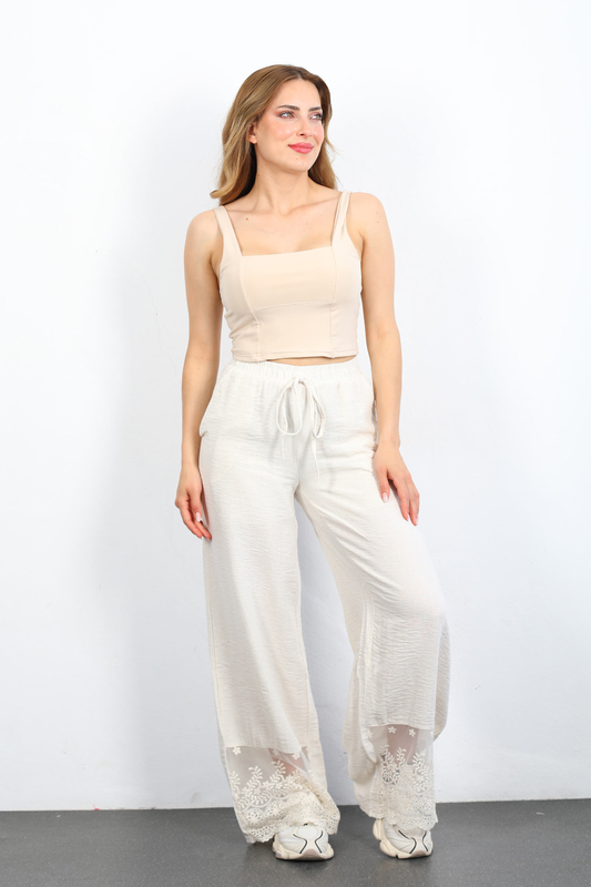 Berox - Paçası Tül İşlemeli Taş Rengi Kadın Keten Pantolon
