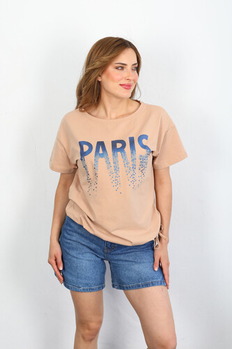 Berox - Paris Payet Baskılı Yan Büzgülü Bej Kadın T-shirt