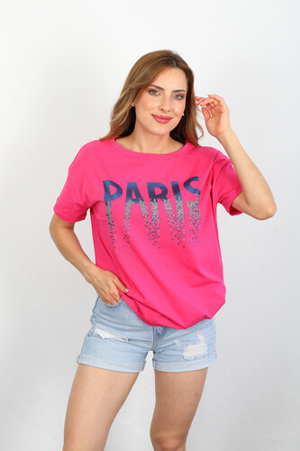 Berox - Paris Payet Baskılı Yan Büzgülü Fuşya Kadın T-shirt